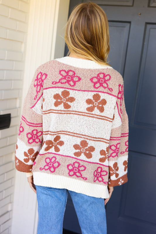 Take on The Day Ivory Floral Stripe Open Cardigan Jordan Marie