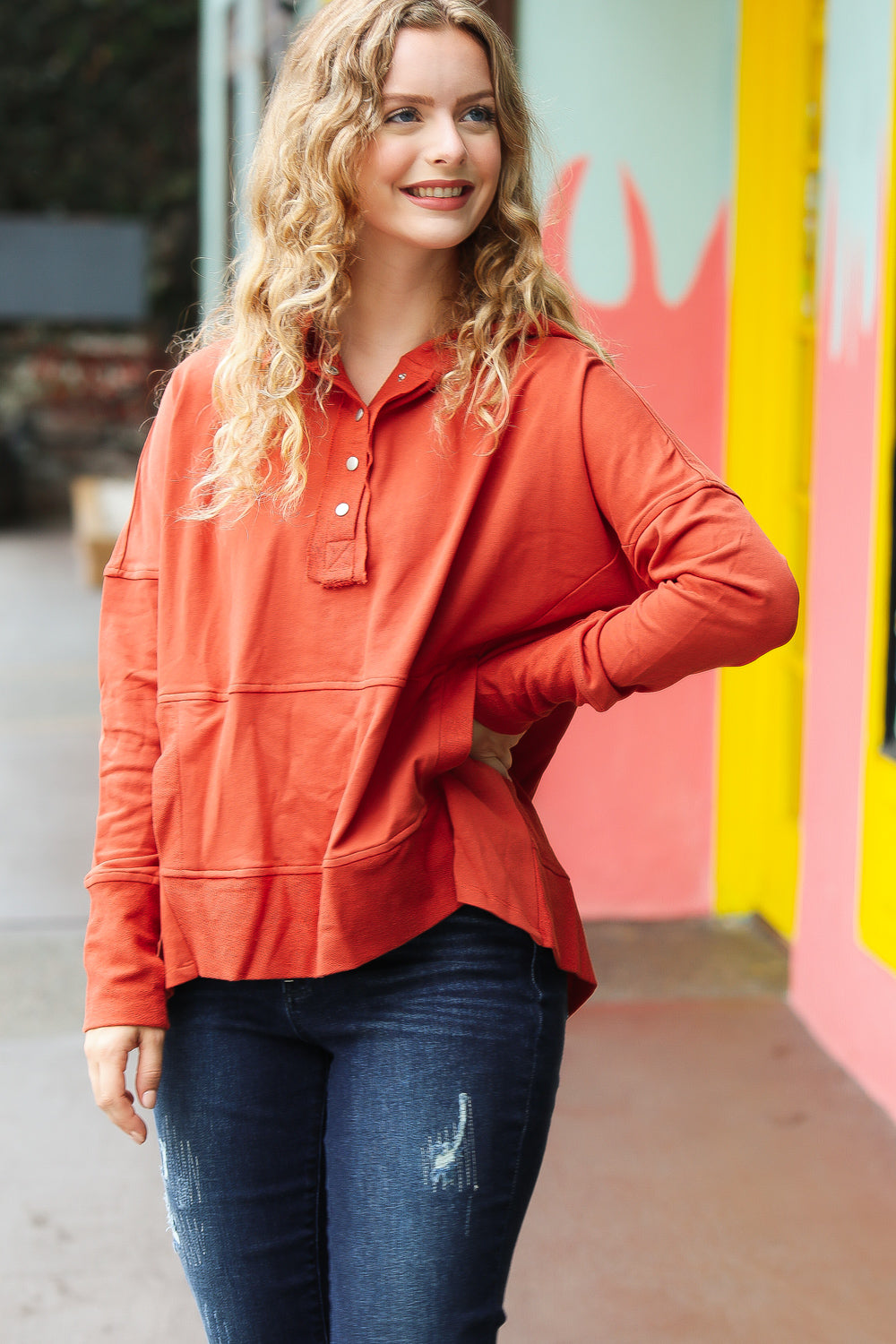 The Slouchy Terracotta French Terry Snap Button Hoodie Jordan Marie