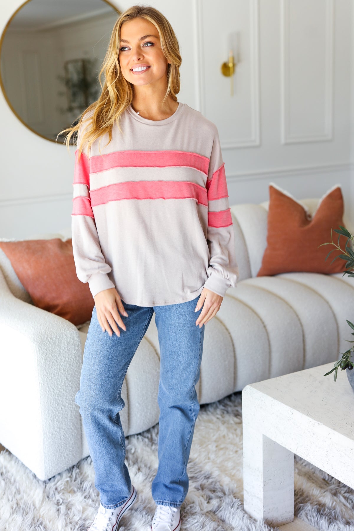 Rally Day Taupe & Coral Game Day Stripe Outseam Terry Top Jordan Marie