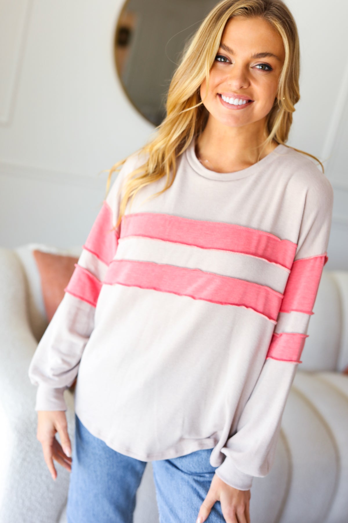 Rally Day Taupe & Coral Game Day Stripe Outseam Terry Top Jordan Marie