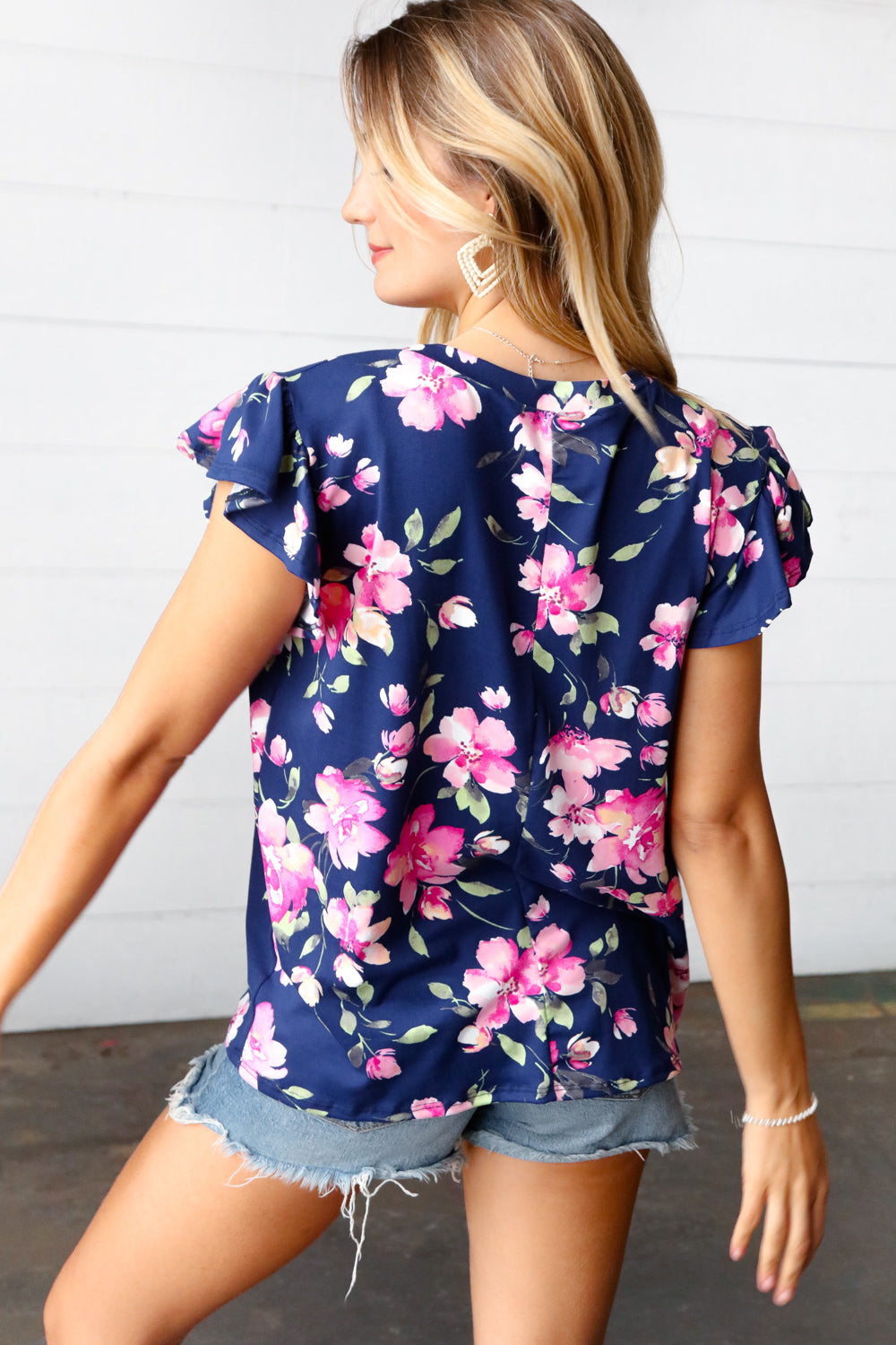 Navy & Pink Floral Print Frilled Short Sleeve Yoke Top Jordan Marie