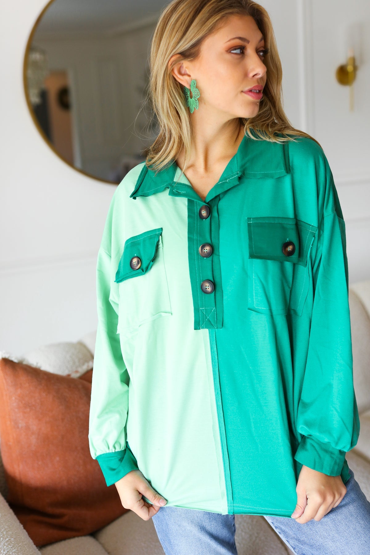 On The Way Up Mint Color Block Button Down Pullover Jordan Marie