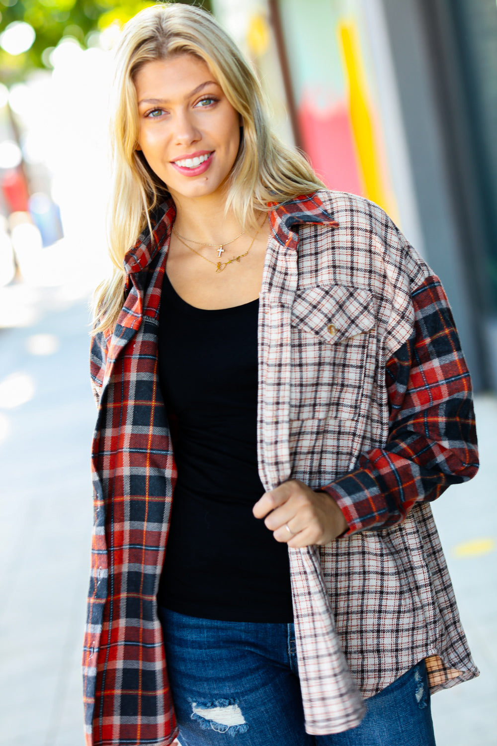 Calling On You Rust & Taupe Plaid Color Block Shacket Jordan Marie